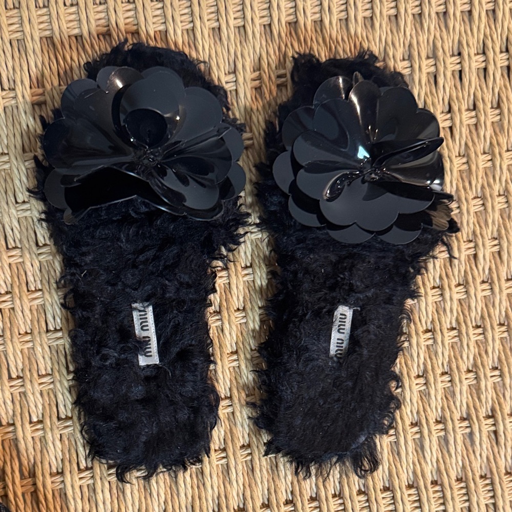 Miu Miu Black Shearling Slide Sandals with Glossy Floral Appliqué